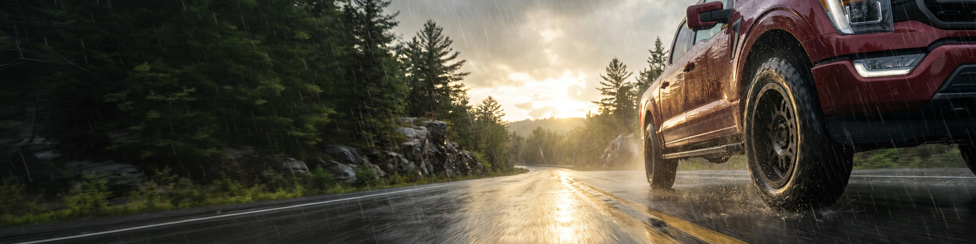 Red pickup truck driving on a wet Canadian highway at sunset with rain, showcasing tire traction and stability on spring roads